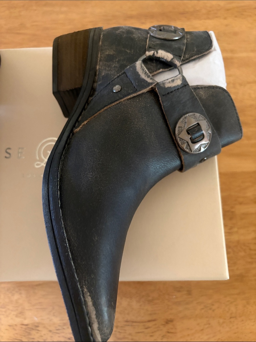 Chinese Laundry Black Distressed Western Ankle Booties with Concho Strap - Picture 4 of 7
